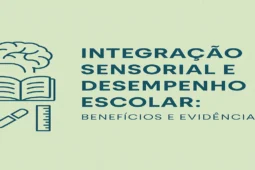 Capa do artigo Integração Sensorial e Desempenho Escolar: Benefícios e Evidências, com ícones de cérebro, livro, lápis e régua sobre fundo verde claro.